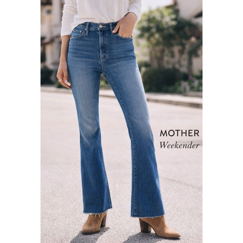 MOTHER Weekender Fray Jeans 24 Blue Mid Rise Flare Raw Hem USA Womens